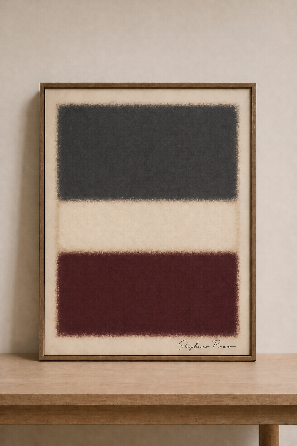 Minimalist abstract artwork on wooden shelf